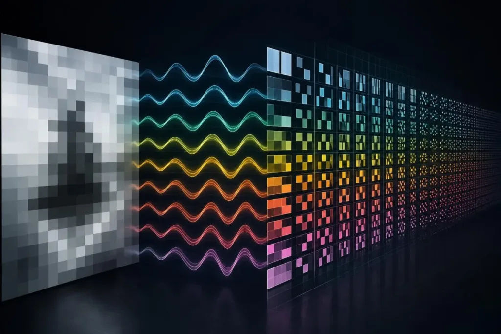 Abstract waves and pixelated patterns symbolizing discrete cosine transform
