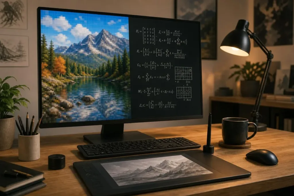 Computer screen with a JPEG image and mathematical equations
